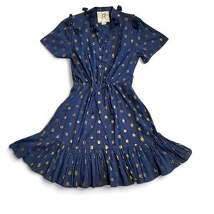 Figue Emma Jaquard Polka Dot Cotton Dress Small Navy/Gold